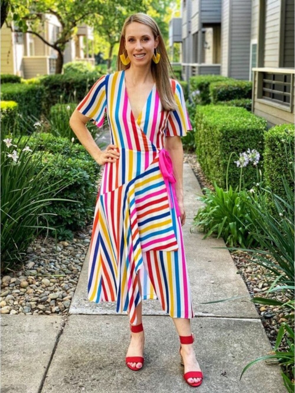 Color Me Courtney Dresses | Taira Colorful Stripe Short Sleeve Tie Wrap Dress XS